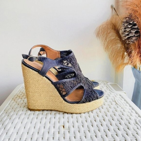 LUCKY BRAND Crochet Cut Out Riedel Ranette Wedge Sandals- Black - Picture 2 of 9